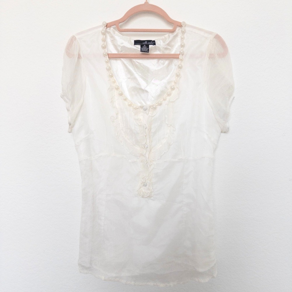 Womens Silk Blouse Size XL White Sheer Embroidered Romantic Fairy‎ Cottagecore